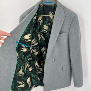 ASOS Gray Heathered Blazer Tropical Bird of Paradise Floral Lining Size 40 Reg
